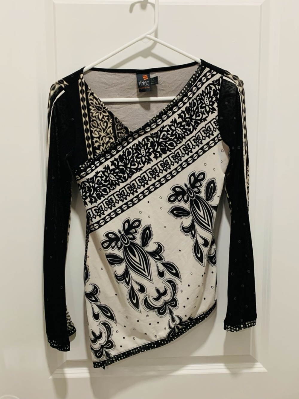 Whimsygoth vintage 2000s asymmetrical black white mesh long sleeve top grunge